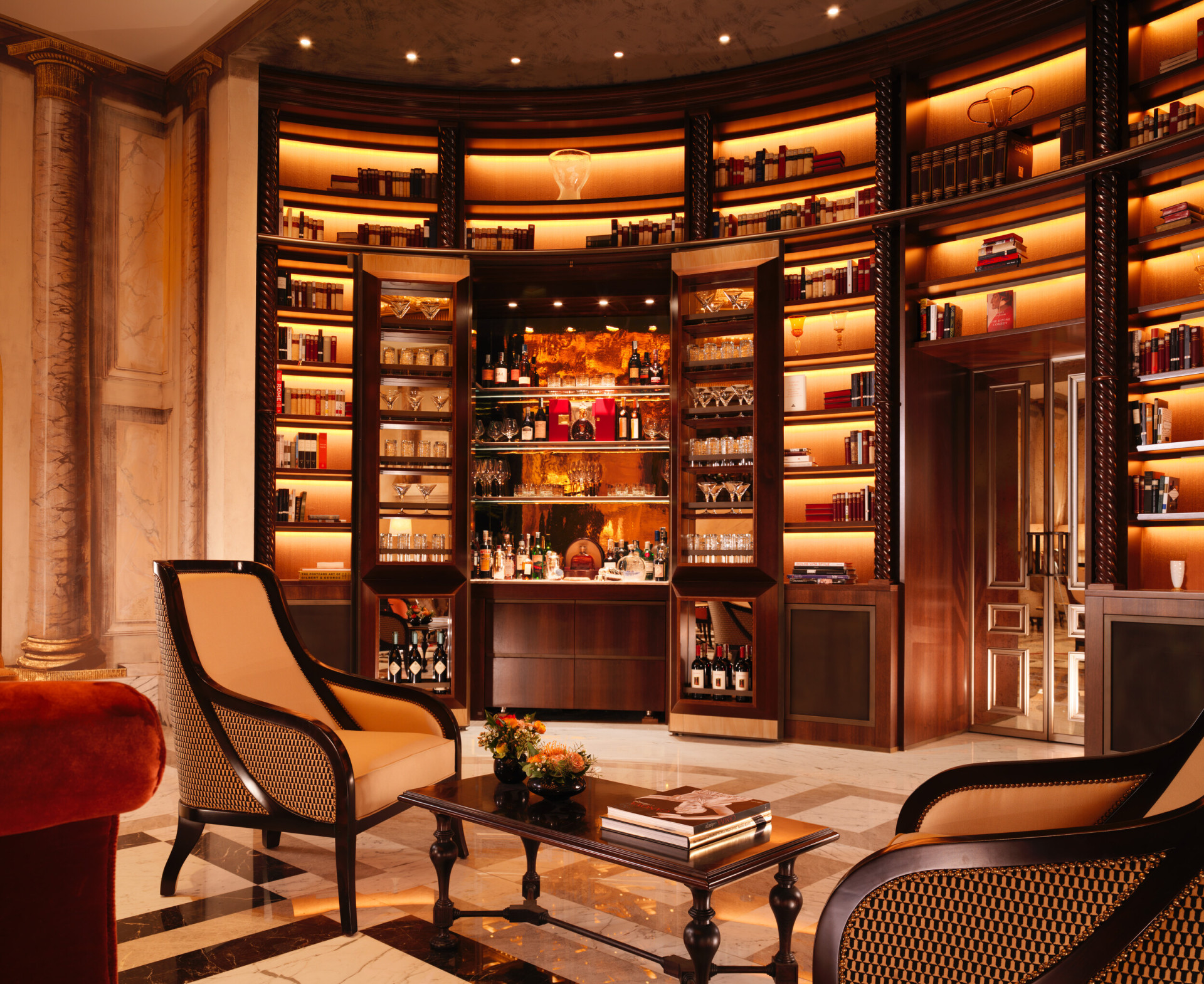 Secret bar with open doors at La Libreria lobby lounge at Hotel Eden, Rome