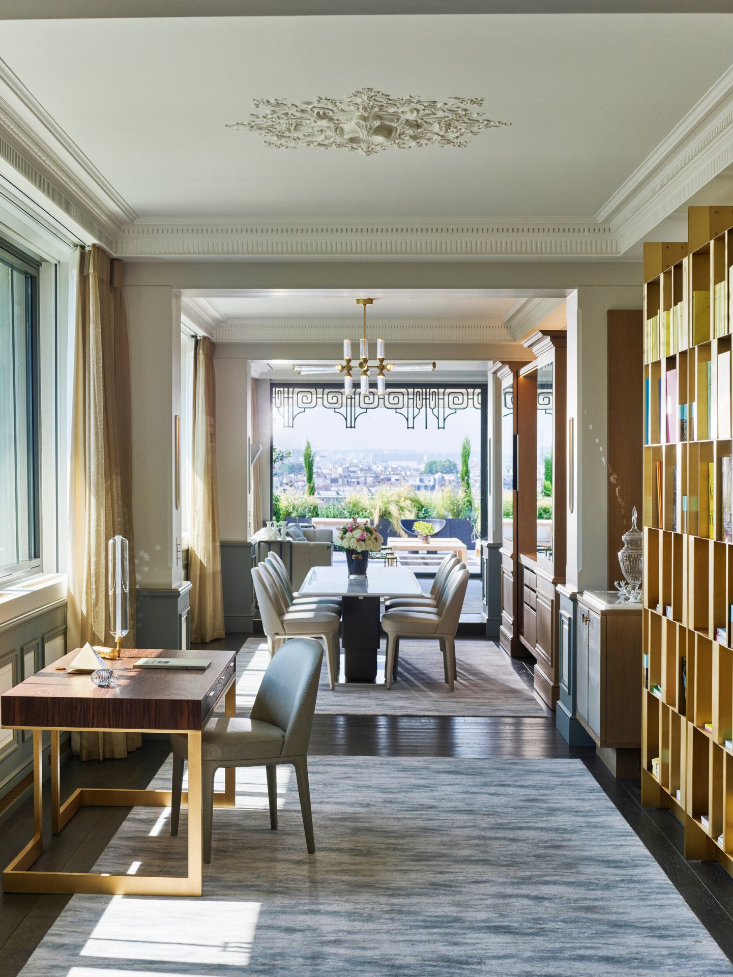Dining room with the view of the Belle Etoile suite at Le Meurice, Paris.