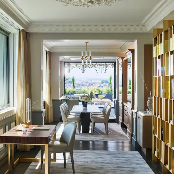 Dining room with the view of the Belle Etoile suite at Le Meurice, Paris.