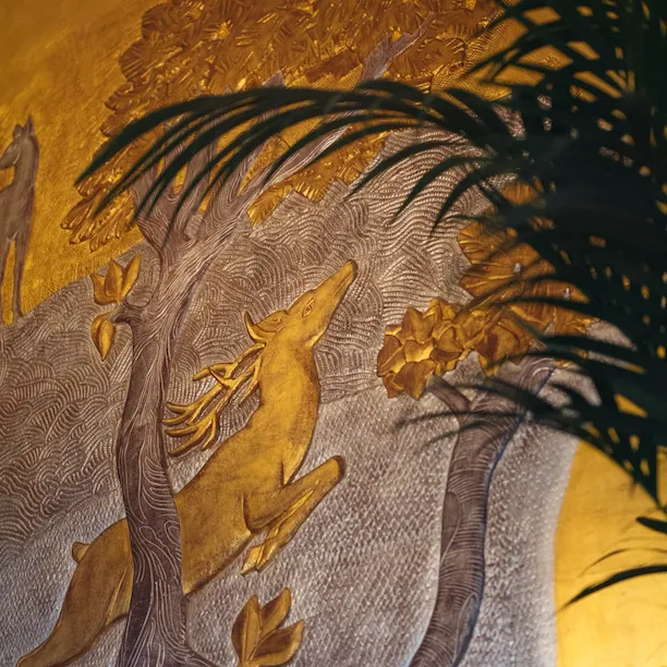 Close up of Diane Chasseresse's mural in Le Relais Plaza dining room, at Hotel Plaza Athénée, Paris