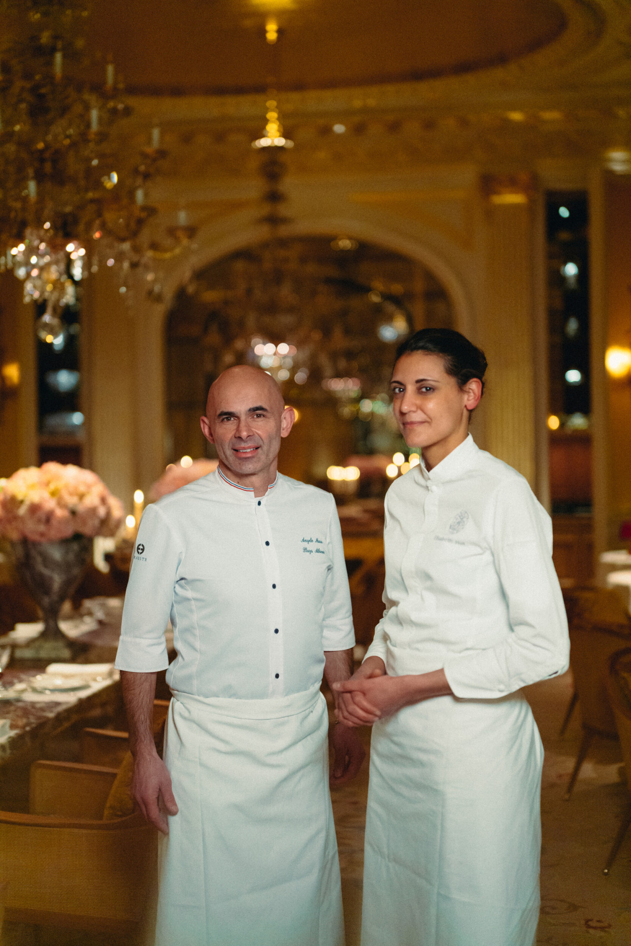 Portrait of Pastry chefs Angelo Musa and Elisabeth Hot at Jean Imbert au Plaza Athénée, at Hotel Plaza Athénée, Paris