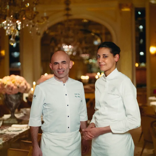 Portrait of Pastry chefs Angelo Musa and Elisabeth Hot at Jean Imbert au Plaza Athénée, at Hotel Plaza Athénée, Paris