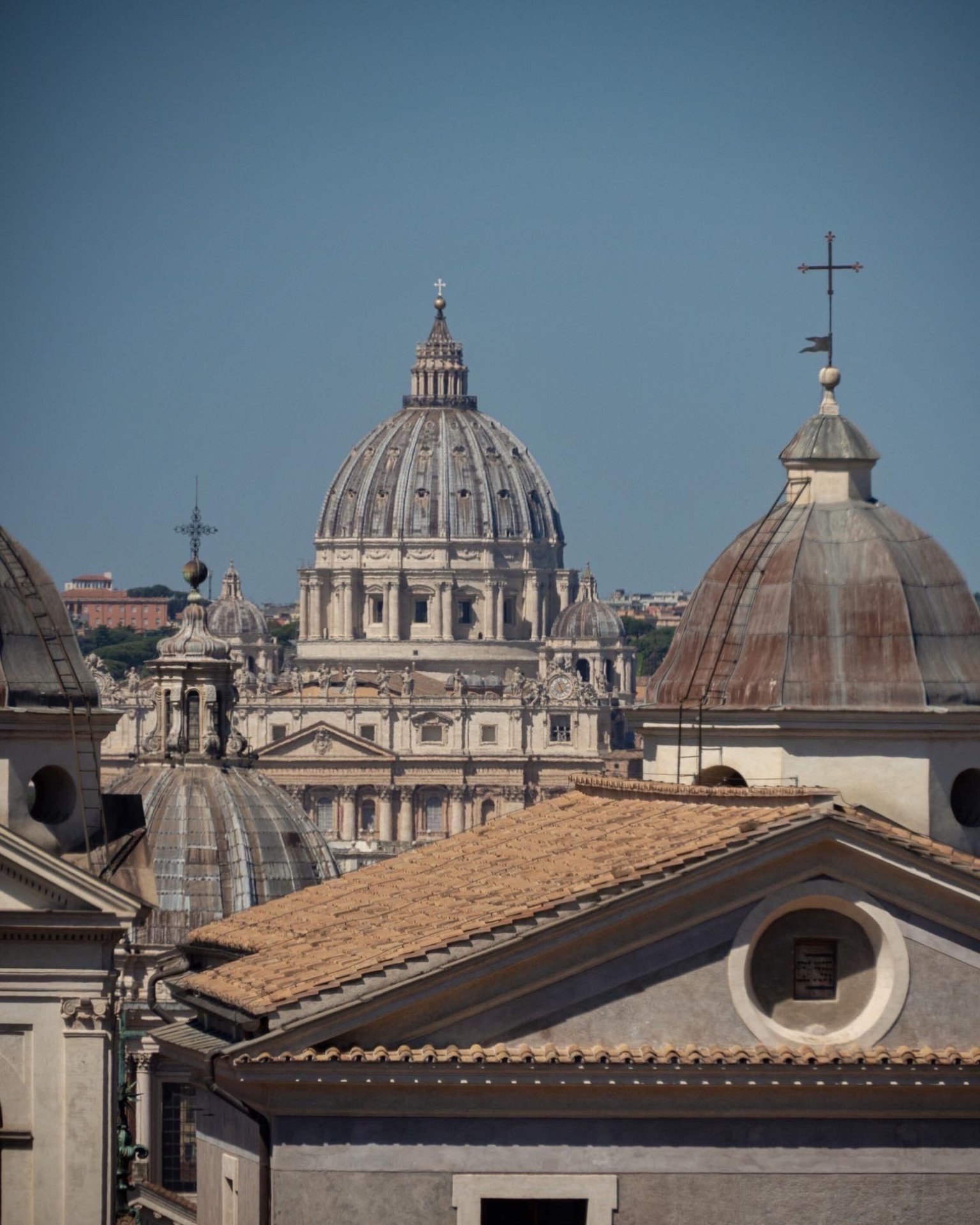 Close up shot St Peters dome from Hotel Eden, Rome