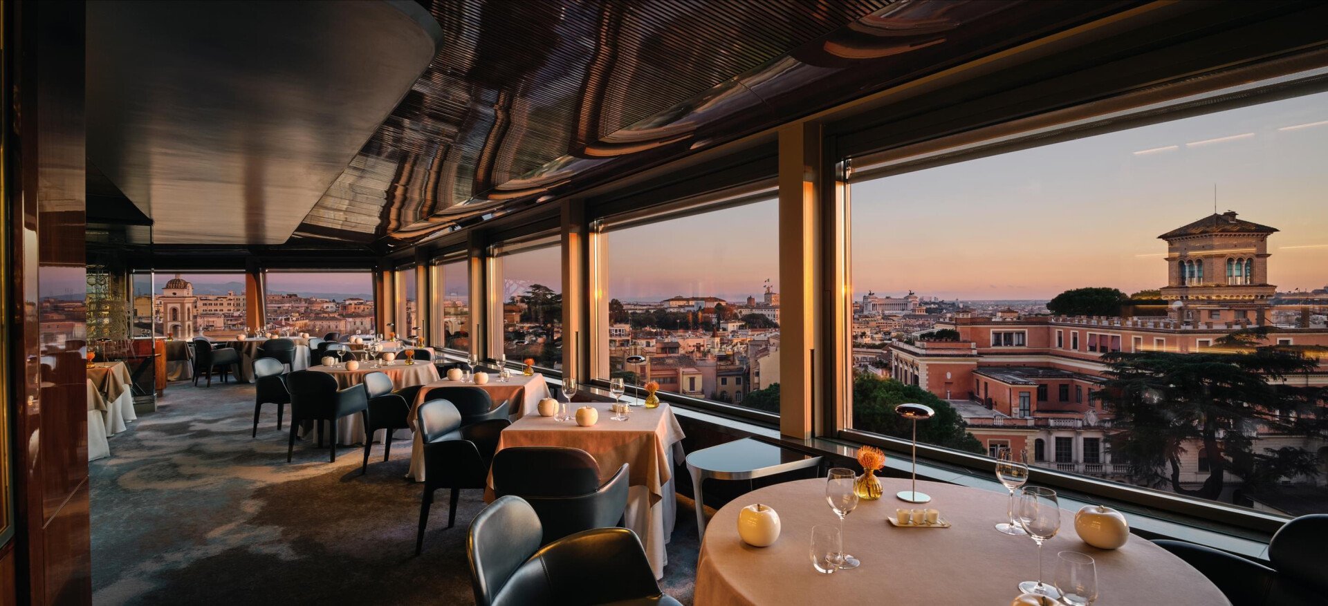 Panoramic view of La Terrazza rooftop restaurant at sunset