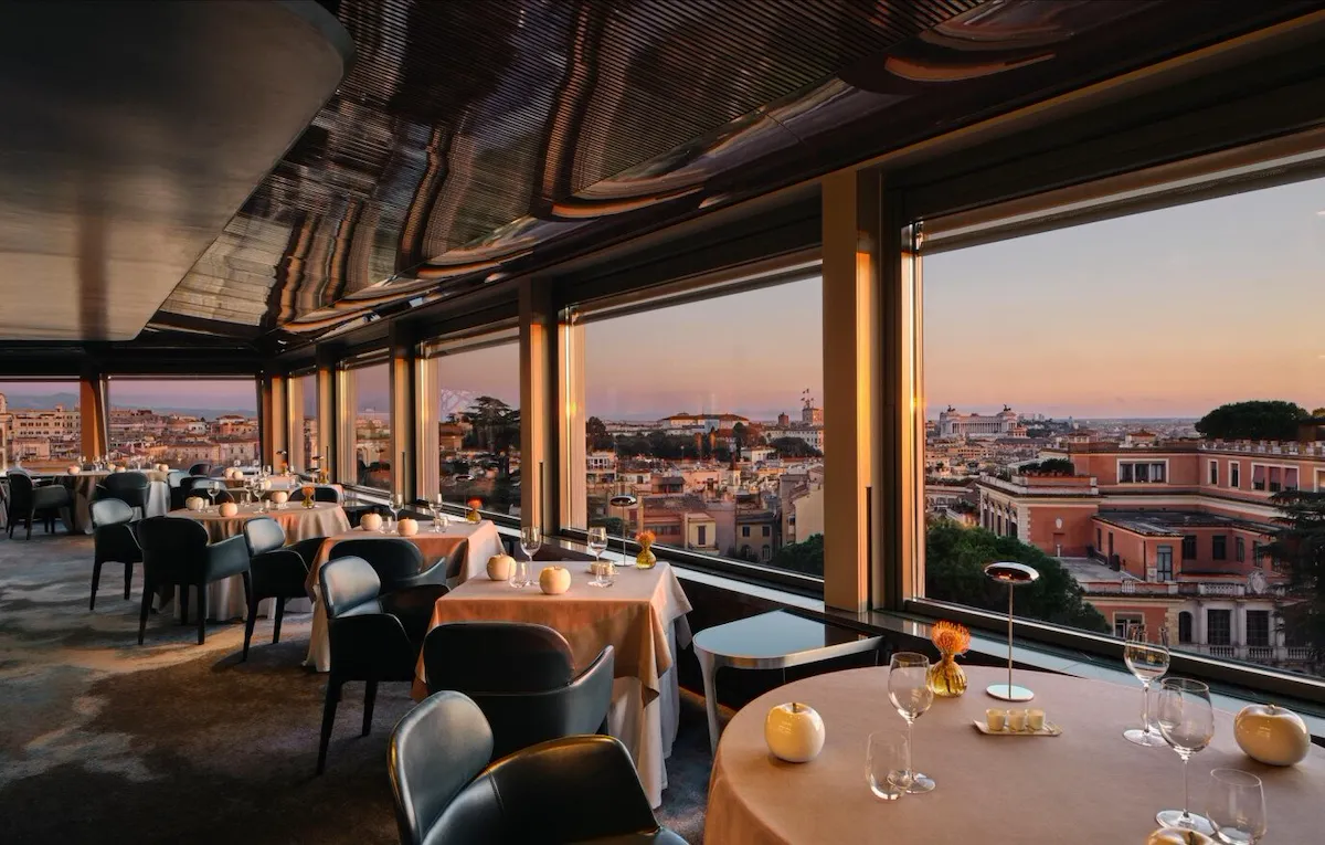 Panoramic view of La Terrazza rooftop restaurant at sunset