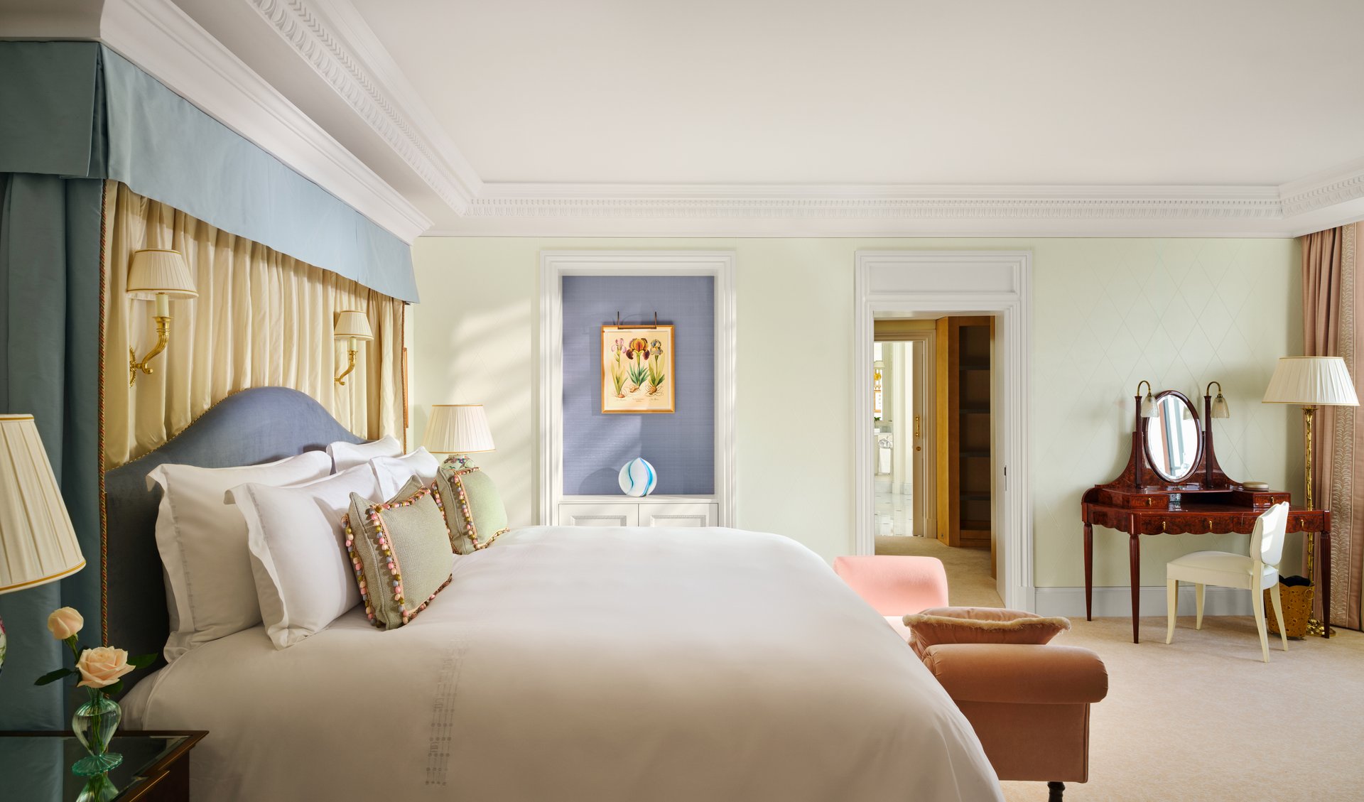 Luxurious bedroom with elegant furniture, soft lighting, and calming decor setting a peaceful mood