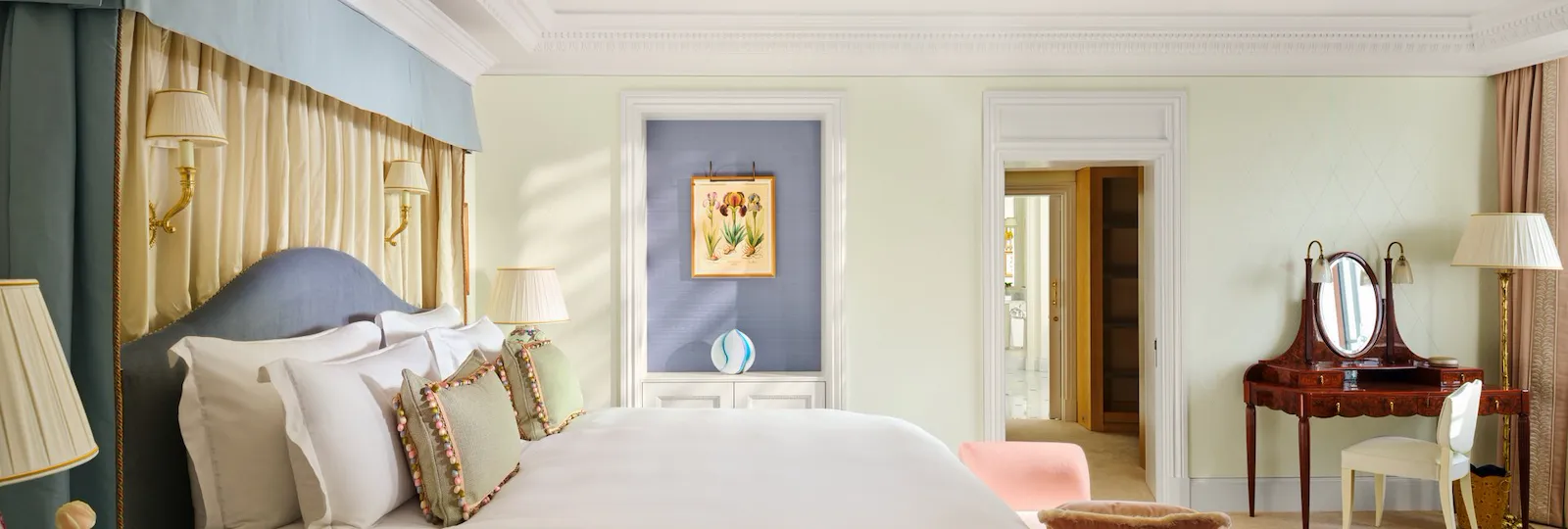 Luxurious bedroom with elegant furniture, soft lighting, and calming decor setting a peaceful mood