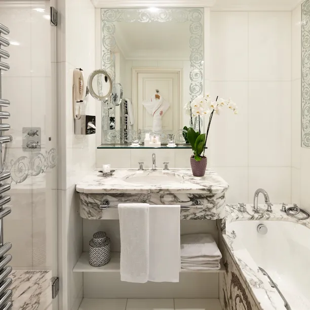 The Bathroom of the single room at the hôtel Plaza Athénée