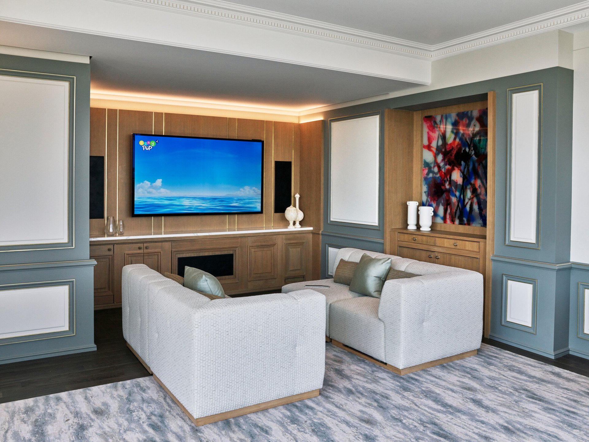 Distant view of the home cinema in the Belle Etoile suite at Le Meurice, Paris.