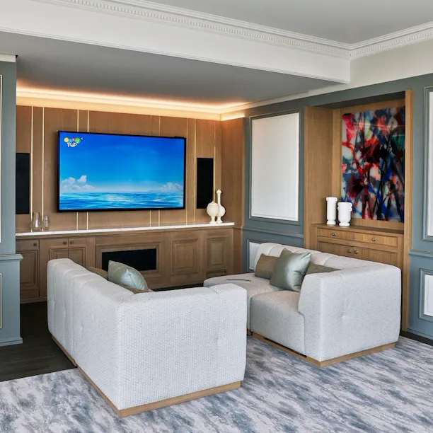 Distant view of the home cinema in the Belle Etoile suite at Le Meurice, Paris.