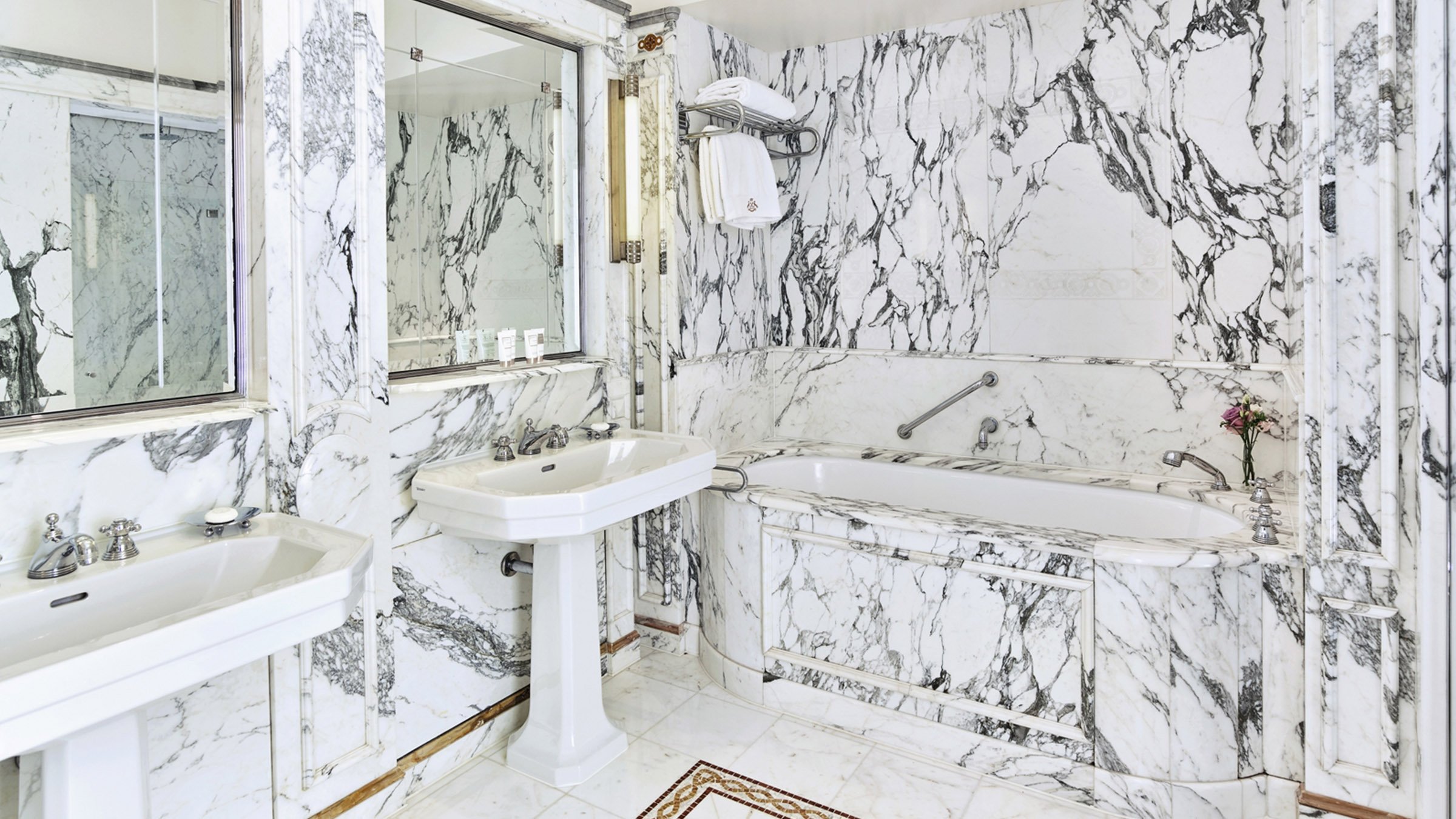 Overview of the bathroom in a superior suite at Le Meurice, Paris.
