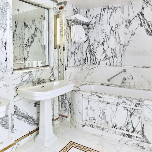 Overview of the bathroom in a superior suite at Le Meurice, Paris.