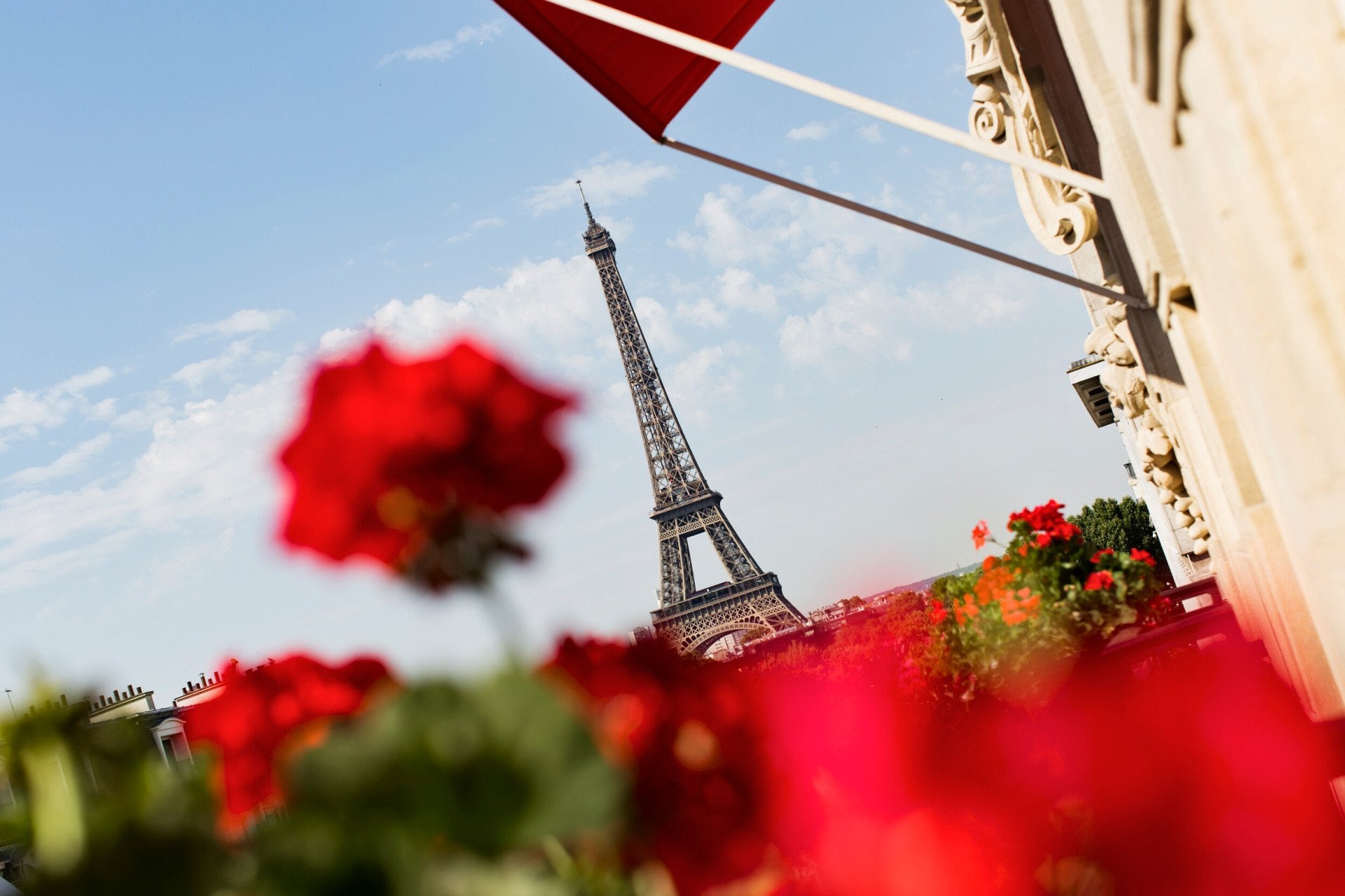 View of Eiffel Tower from balcony with red flowers in foreground at Hôtel Plaza Athénée, Paris