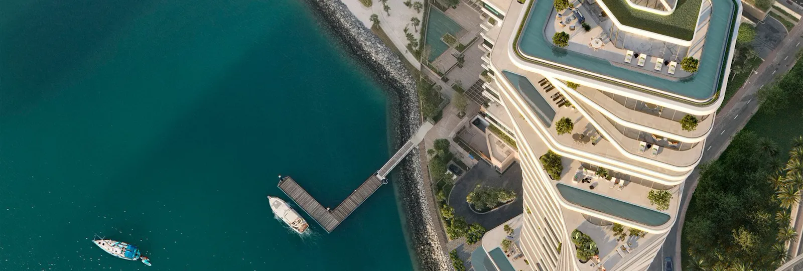 AVA at Palm Jumeirah bird's eye view of building and water jetty