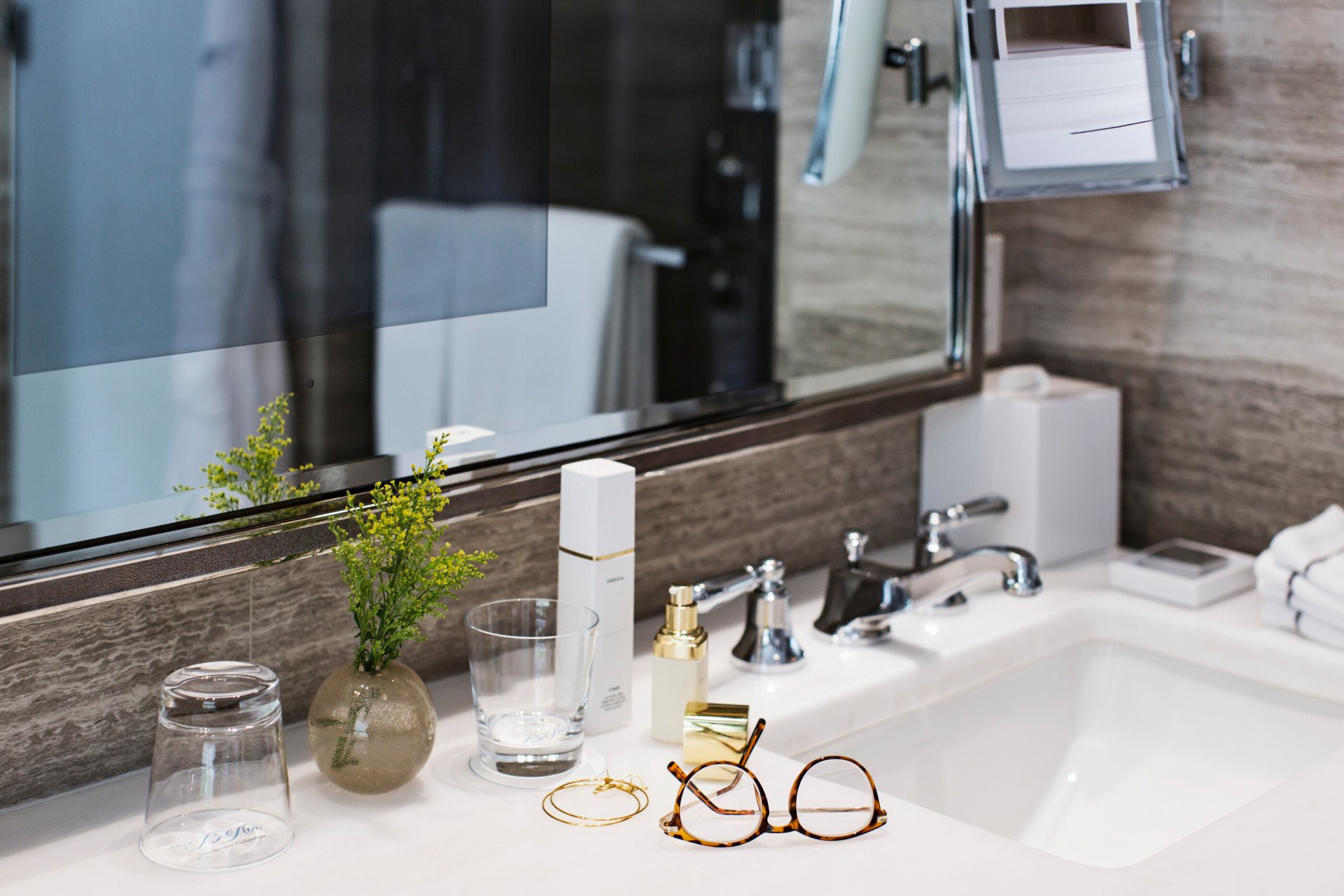 Marble bathrooms with double vanity and deep soaking tubs