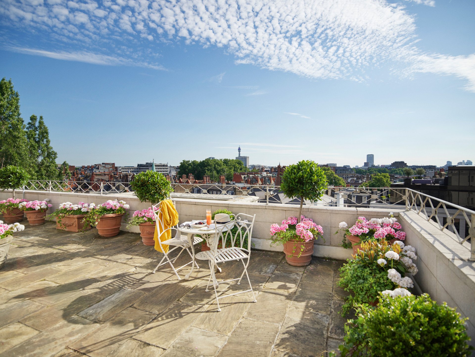 The Dorchester Oliver Messel suite terrace view with seating area