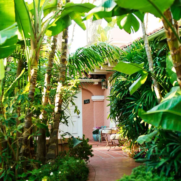 Bungalow 3A Exterior and lush foliage, The Beverly Hills Hotel, Los Angeles
