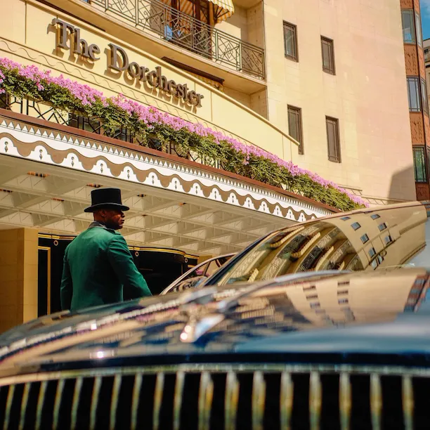 The Dorchester Bentley outside the front of The Dorchester.
