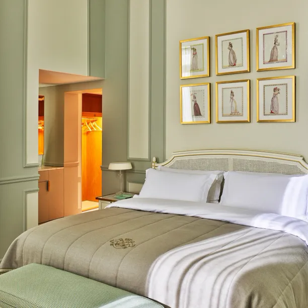 Overview of the bedroom in a superior suite at Le Meurice, Paris.