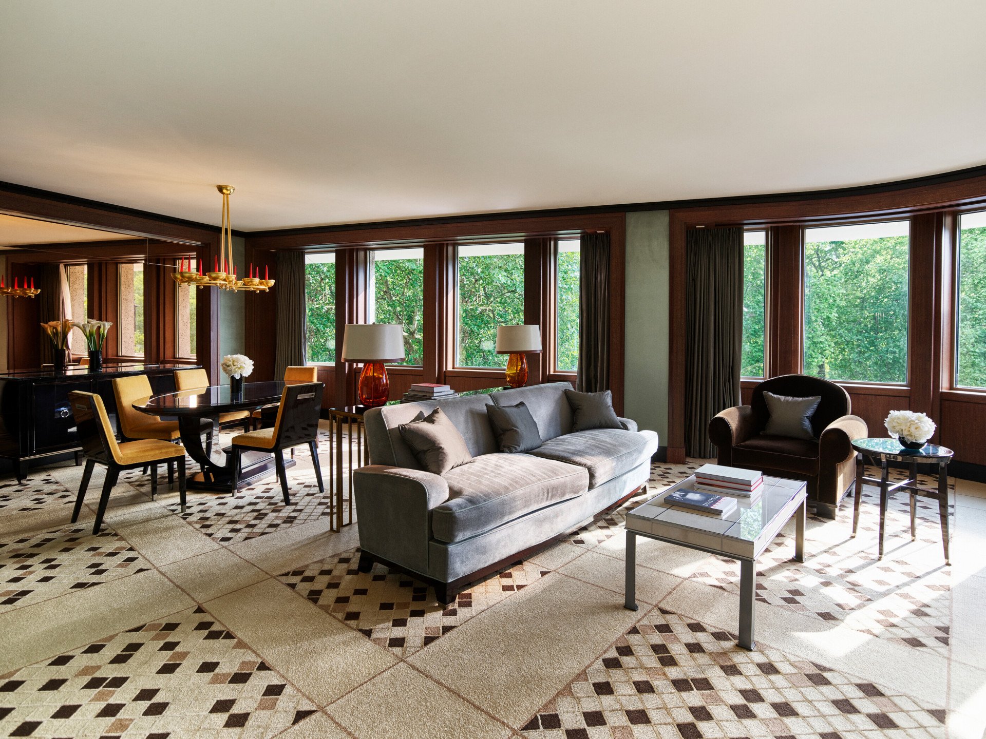 Park Lane suite living room with Hyde Park through the windows at 45 Park Lane, London