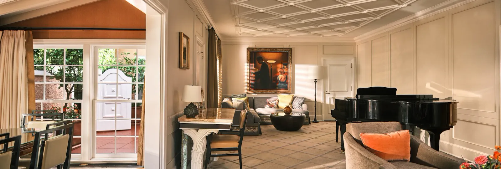 Bungalow 8 living room with piano