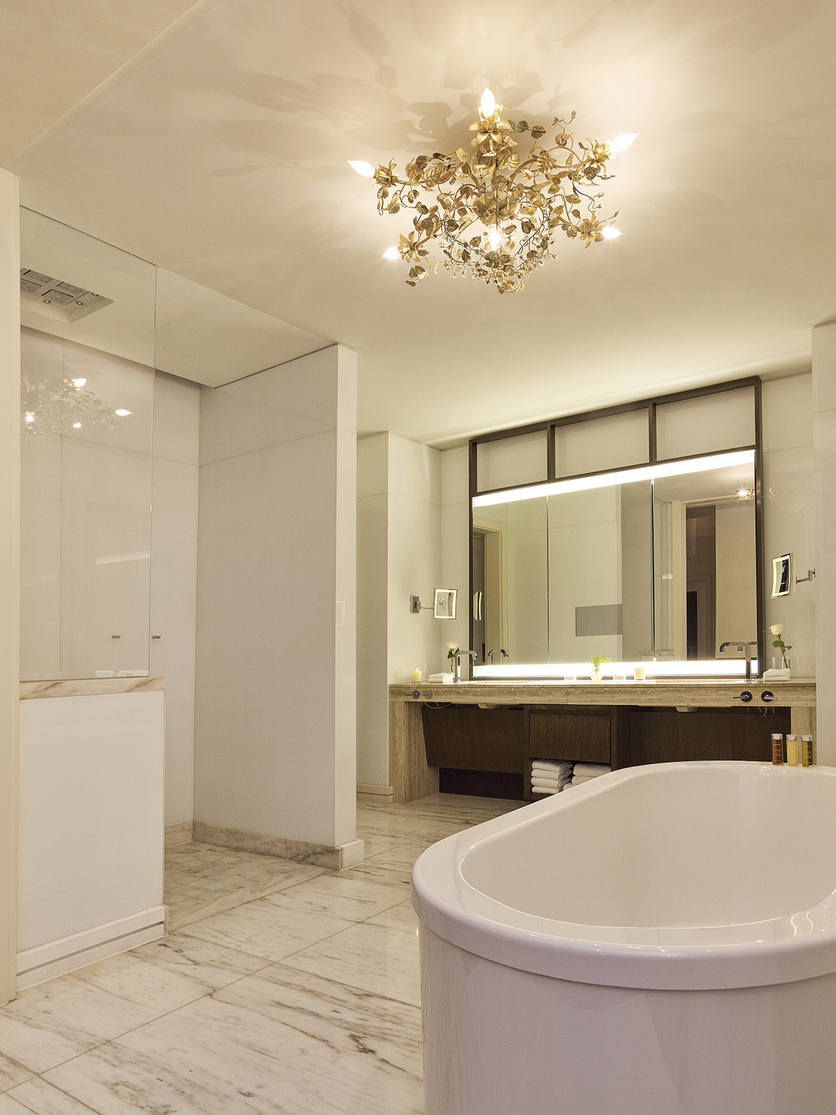 Deep soaking tub in marble bathroom of Loft Studio in Bel Air
