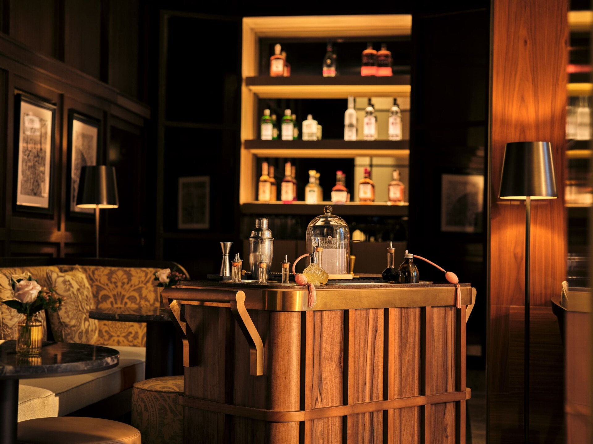 Bitter Honey bar interior with wooden drinks trolley at The Lana, Dubai