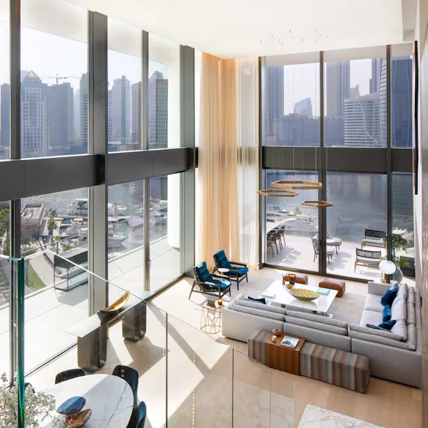 View from top of stairs in duplex apartment in The Residences Dubai, Dorchester Collection