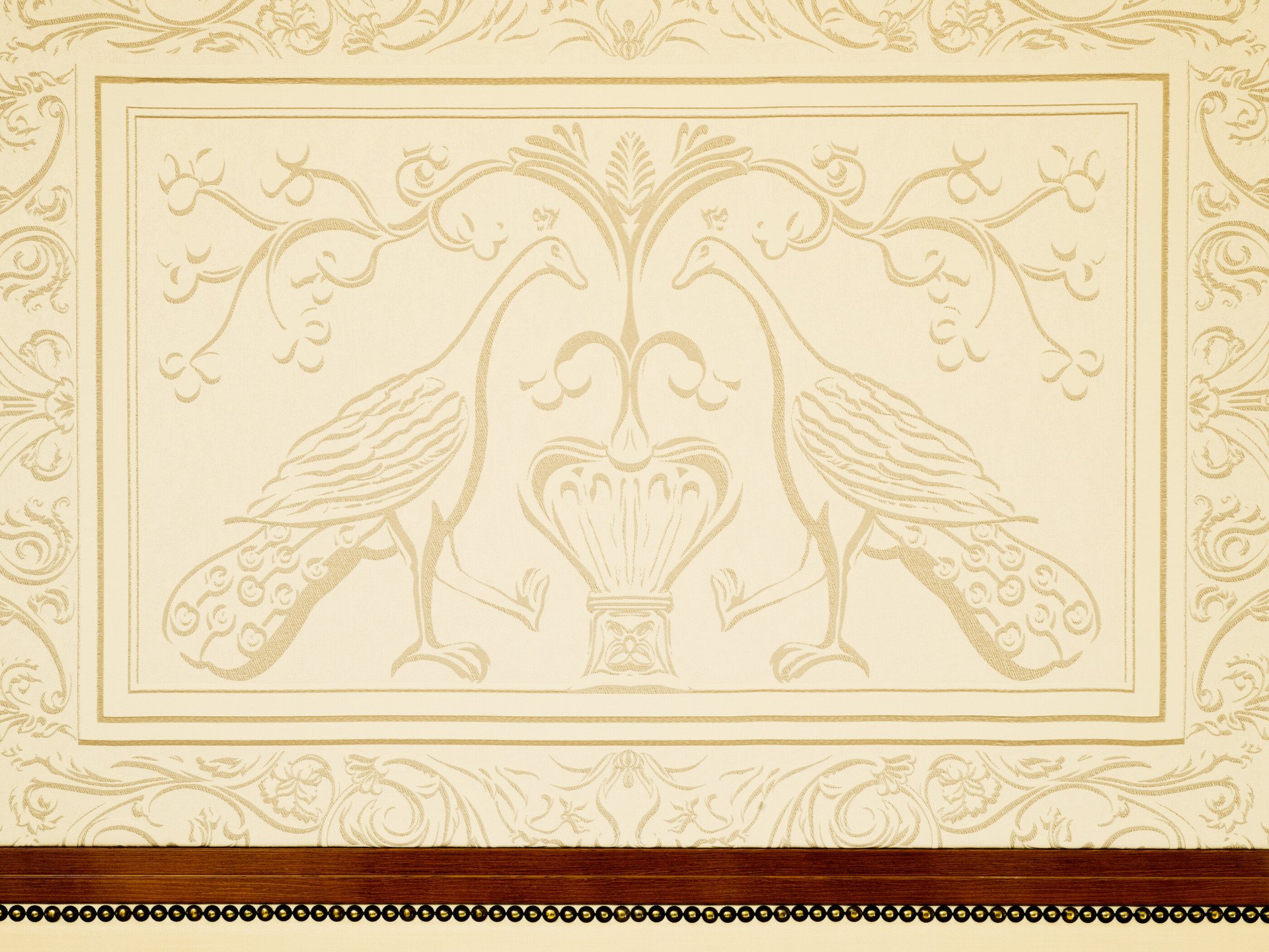 Headboard with peacocks illustration at Aurora Terrace Suite at Hotel Eden, Rome