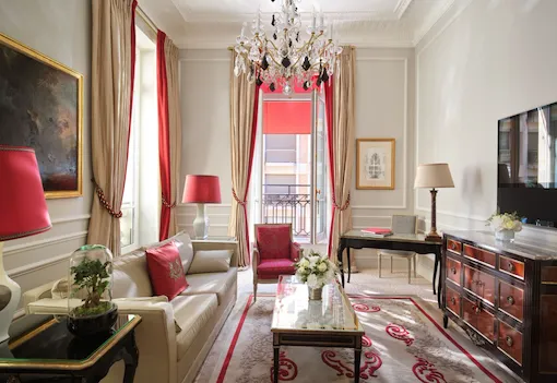 This is the couch of the lounge of the Superior Suite #218 at the Plaza Athénée.