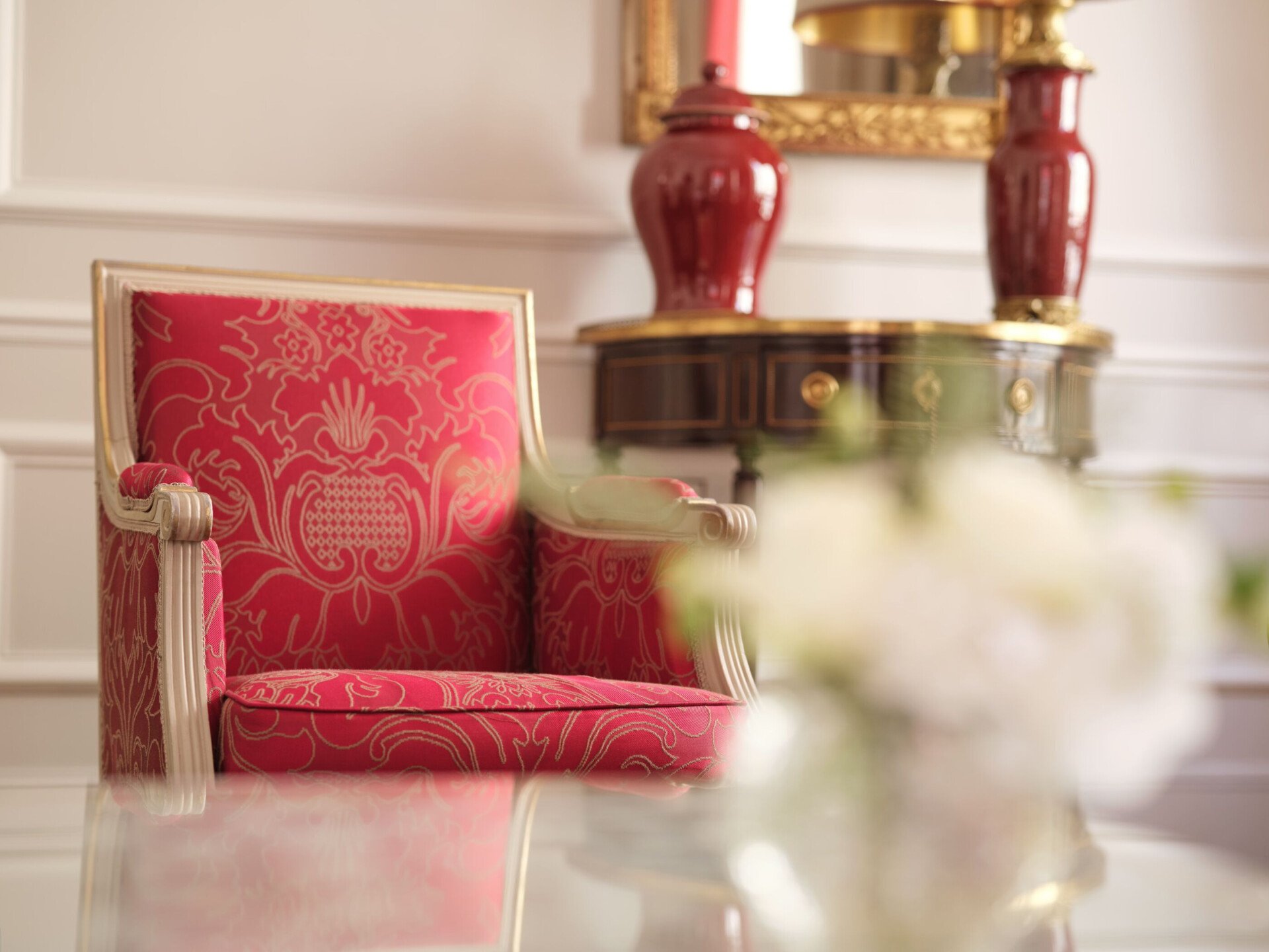 This is one of the armchairs of the Superior Suite #218 at the Plaza Athénée.