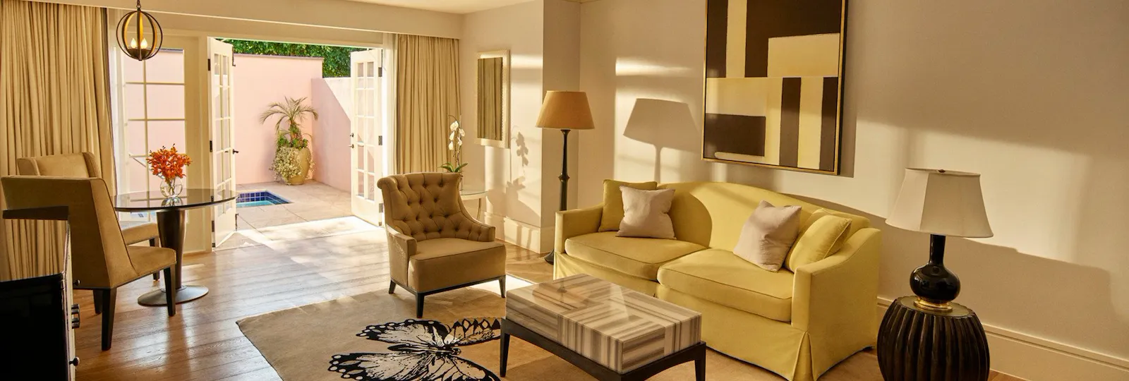 Living room leads to patio with private plunge pool at Hotel Bel-Air